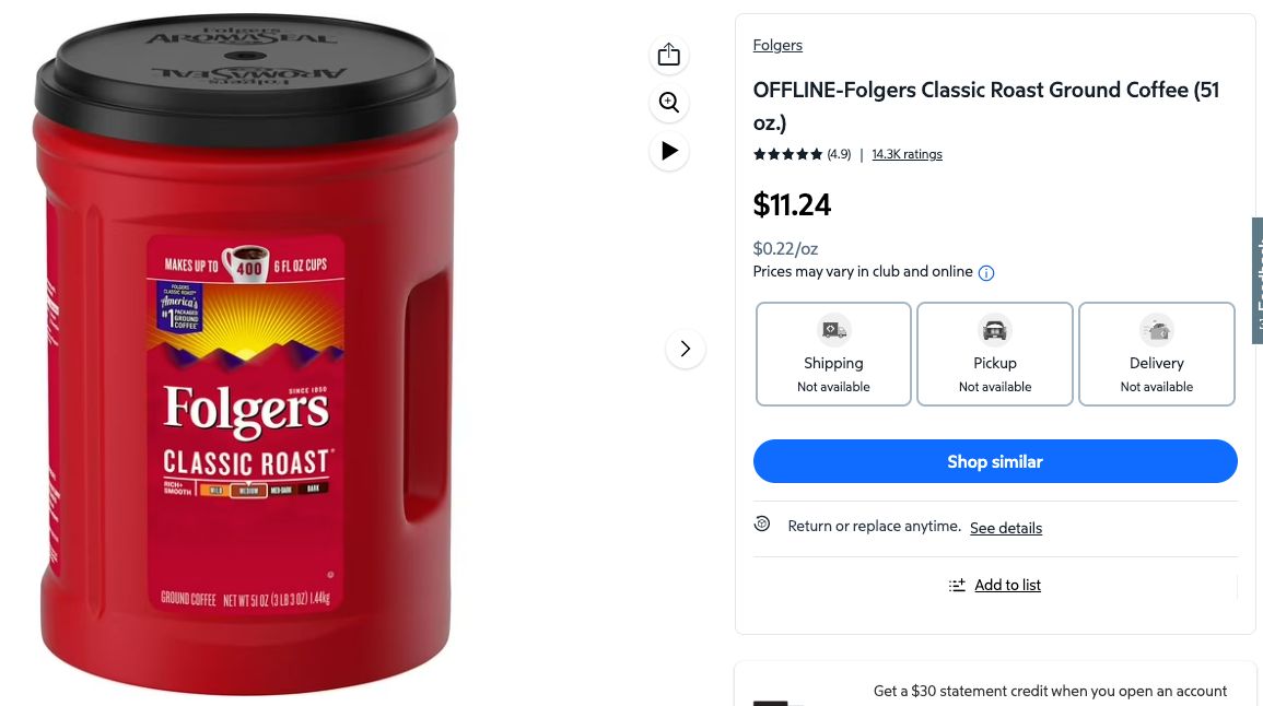 Folgers Classic Roast Ground Coffee — 51oz to 43.5oz